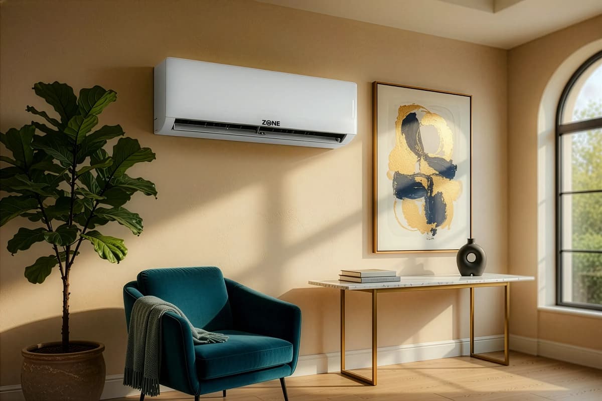 Zone Air DIY mini split wall unit in a sunlit living room with a teal armchair