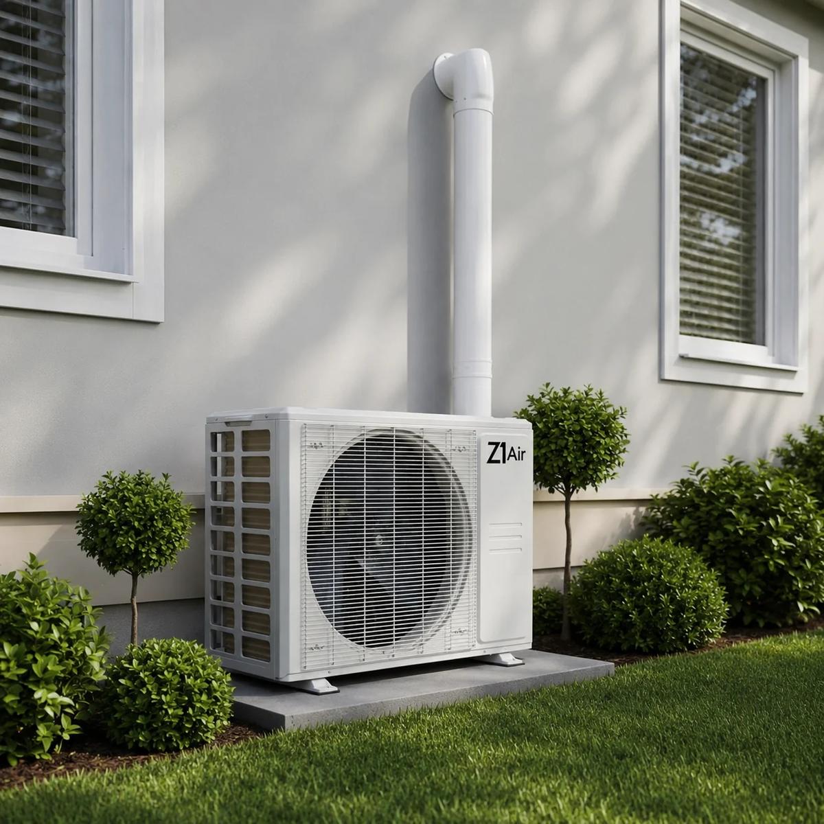 Plug and play “plug in” mini split heat pump outdoor condenser on a concrete pad beside a home, line set routed up the wall in a white cover, powered from a standard 110-volt household circuit for plug-and-play easy installation