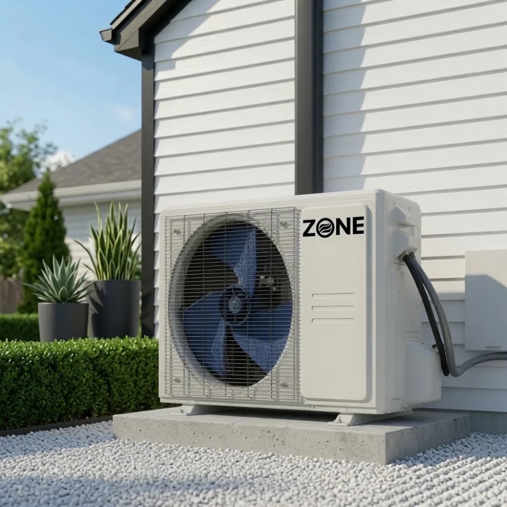 Mini split without an HVAC technician — Zone Air outdoor condenser unit installed beside a home by the homeowner, no contractor