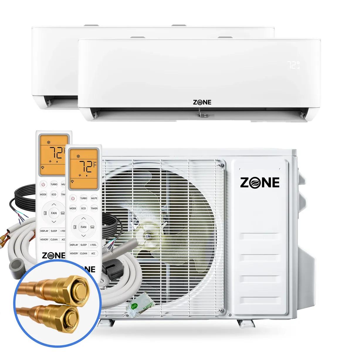 Dual zone mini splits from Zone Air — two wall mounted indoor units and one outdoor condenser for independent temperature control in two rooms