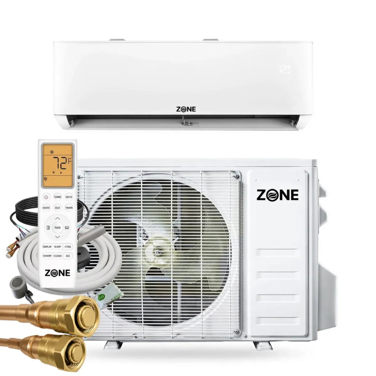 Ductless heat pumps shown as a Zone Air mini split — slim wall-mounted indoor air handler and outdoor compressor unit joined by a pre-charged refrigerant lineset