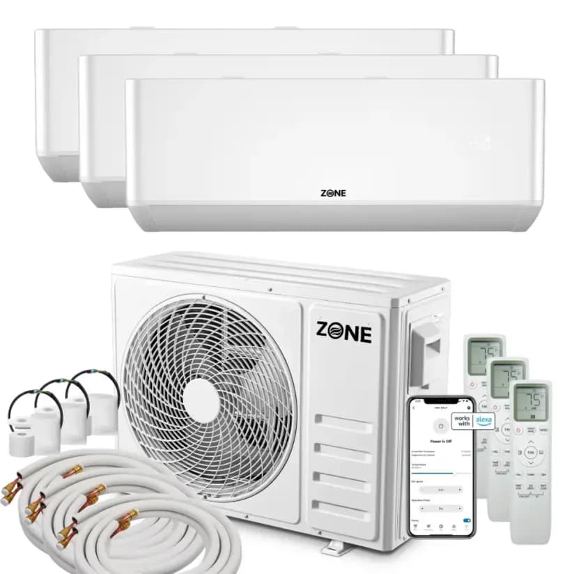 3 zone DIY mini split — Zone Air one outdoor condenser with three indoor units on independent thermostats for three-room DIY heating and cooling