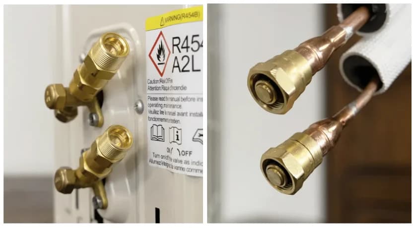 Quick connect valves are on the outdoor unit and on the line set ends, and both are sealed to keep the factory refrigerant charge contained