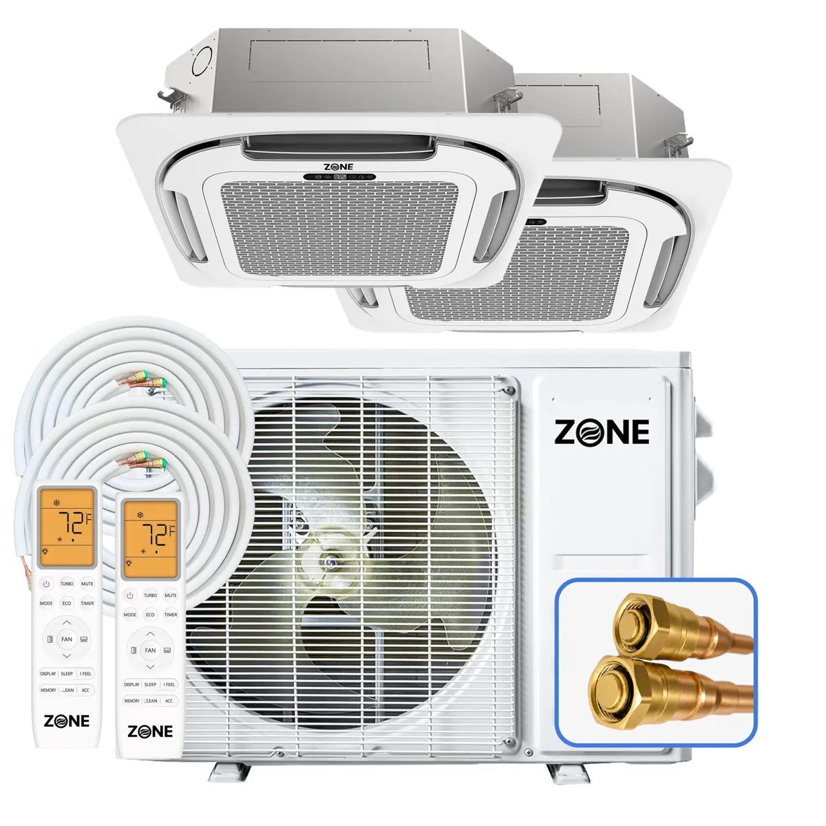 Zone Air® Airframe DUAL ZONE 24,000 BTU (12K+12K) 21 SEER2 230V Ceiling Cassette Mini-Split Heat Pump System with 2x Pre-Charged Linesets - Up to 1,200 Sq Ft