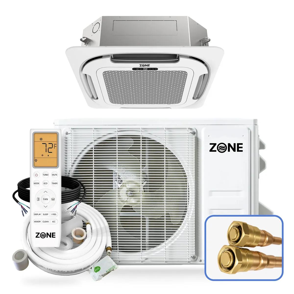 Zone Air® Airframe 9,500 BTU 21 SEER2 230V Ceiling Cassette Mini-Split Heat Pump AC with Pre-Charged Lineset - Up to 475 Sq Ft