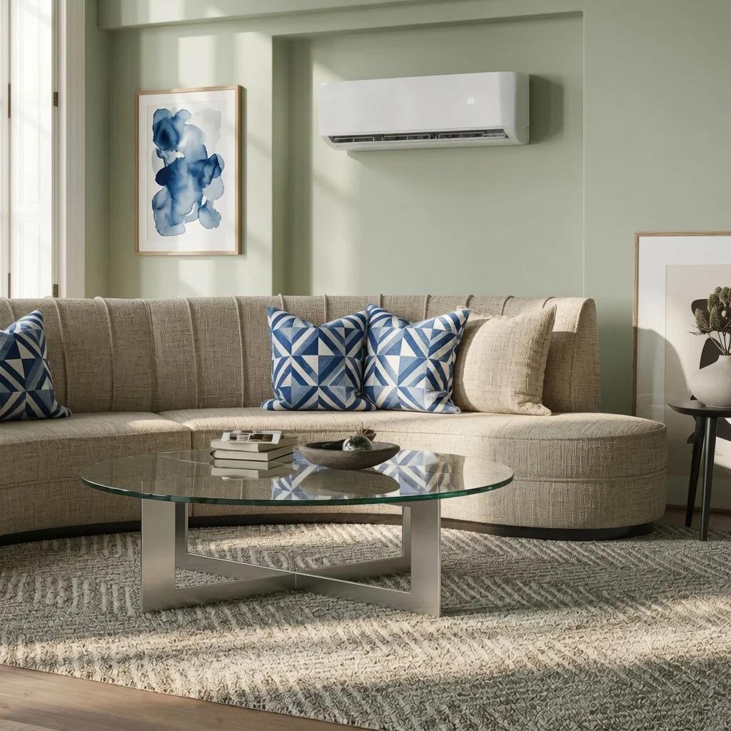 DIY mini split for a bedroom — Zone Air wall-mounted ductless heat pump mounted above a sofa, quietly heating and cooling the room
