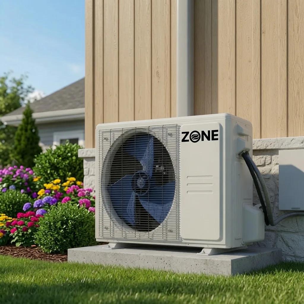 DIY mini split for a shop — Zone Air outdoor condenser unit installed beside a workshop for DIY heating and cooling