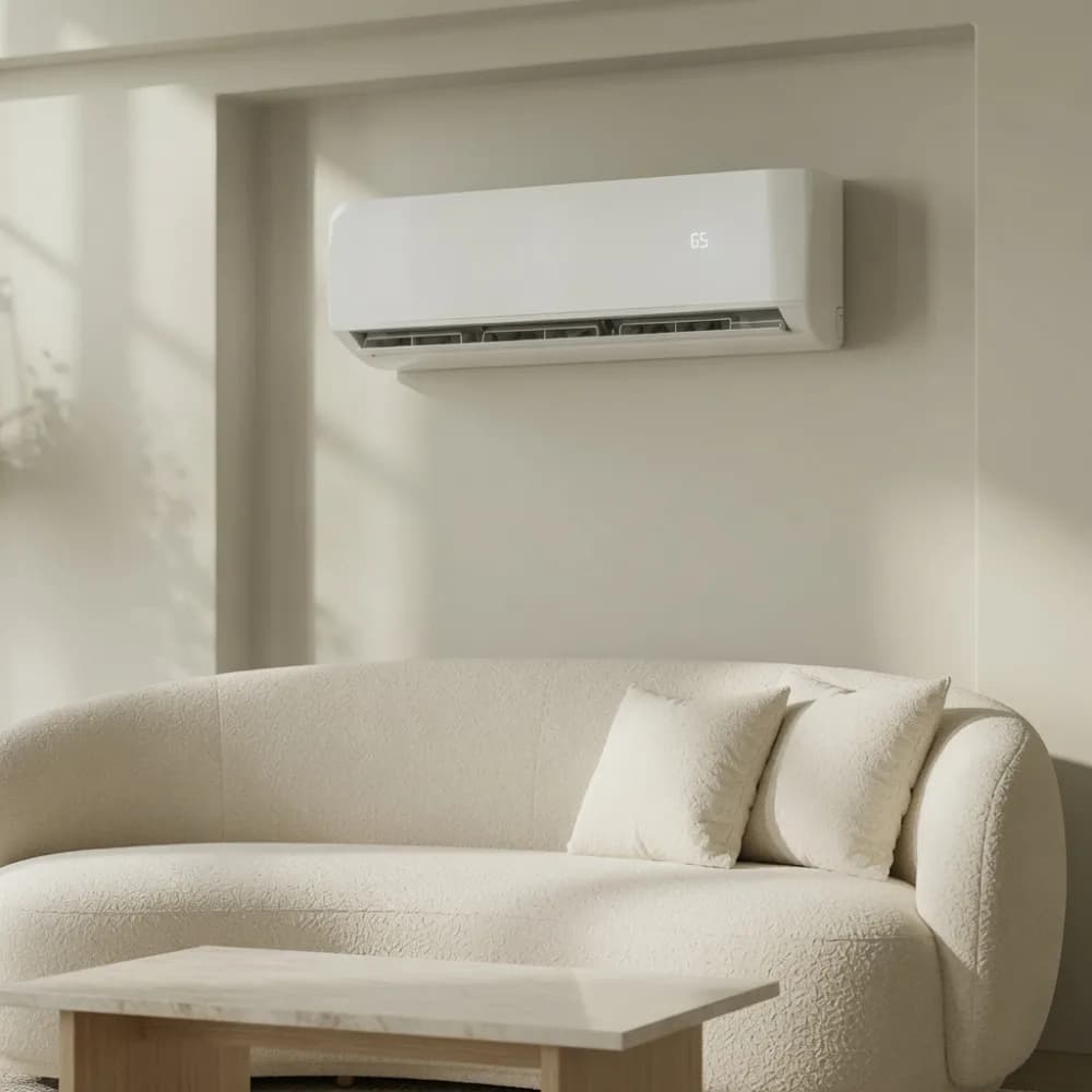 Ductless mini split indoor unit wall-mounted above a sofa in a modern apartment living room, delivering quiet heating and cooling without ductwork
