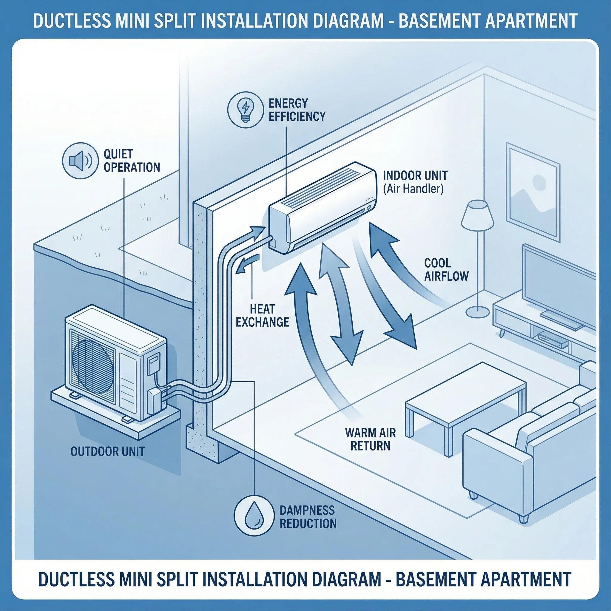 Apartment HVAC system — labeled ductless mini split installation diagram showing the indoor air handler, outdoor unit, heat exchange, and cool airflow into the living room