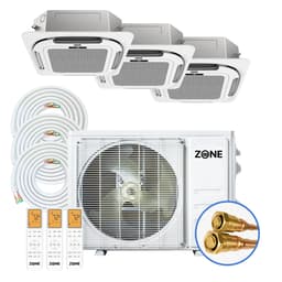 3 zone ceiling cassette mini split system — Zone Air 27K multi-zone outdoor condenser with three 12K recessed ceiling cassette indoor units, three pre-charged linesets, and three remotes