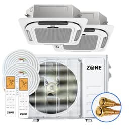 Dual zone ceiling cassette mini split system — Zone Air 27K multi-zone outdoor condenser with two 12K recessed ceiling cassette indoor units, and two remotes