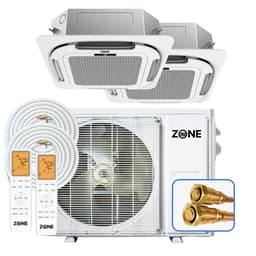 24,000 BTU dual-zone DIY mini split — ceiling cassette ductless heat pump with 21 SEER2, Up to 1,200 sq ft across 2 zones, pre-charged linesets, shown flush ceiling-mounted