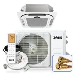 12,000 BTU 230V DIY mini split — ceiling cassette ductless heat pump with 21 SEER2, Up to 600 sq ft coverage, pre-charged lineset, shown flush ceiling-mounted