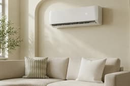 Wall mounted mini split air conditioner above a living room sofa
