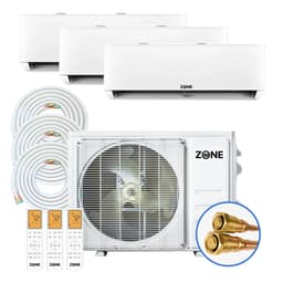 3 zone DIY mini split system — Zone Air 27K multi-zone outdoor condenser with three 12K wall mount indoor units, three pre-charged linesets, and three remotes