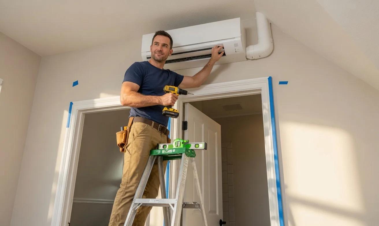 Pre-charged mini splits being installed by a homeowner connecting a Zone Air quick-connect, factory-sealed line set to a wall-mounted indoor unit