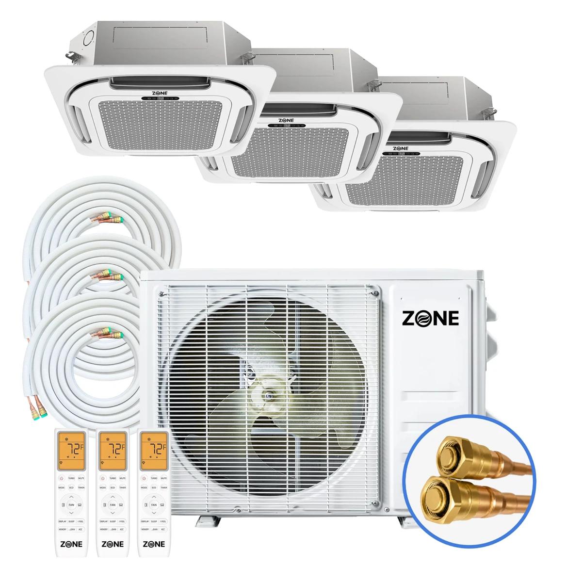 3 zone ceiling cassette mini split system — Zone Air 27K multi-zone outdoor condenser with three 12K recessed ceiling cassette indoor units, three pre-charged linesets, and three remotes