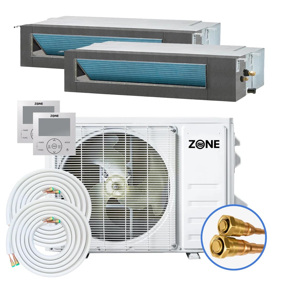 20,500 BTU dual-zone DIY mini split — concealed ducted ductless heat pump with 19 SEER2, Up to 1,025 sq ft across 2 zones, pre-charged linesets, shown ceiling-concealed
