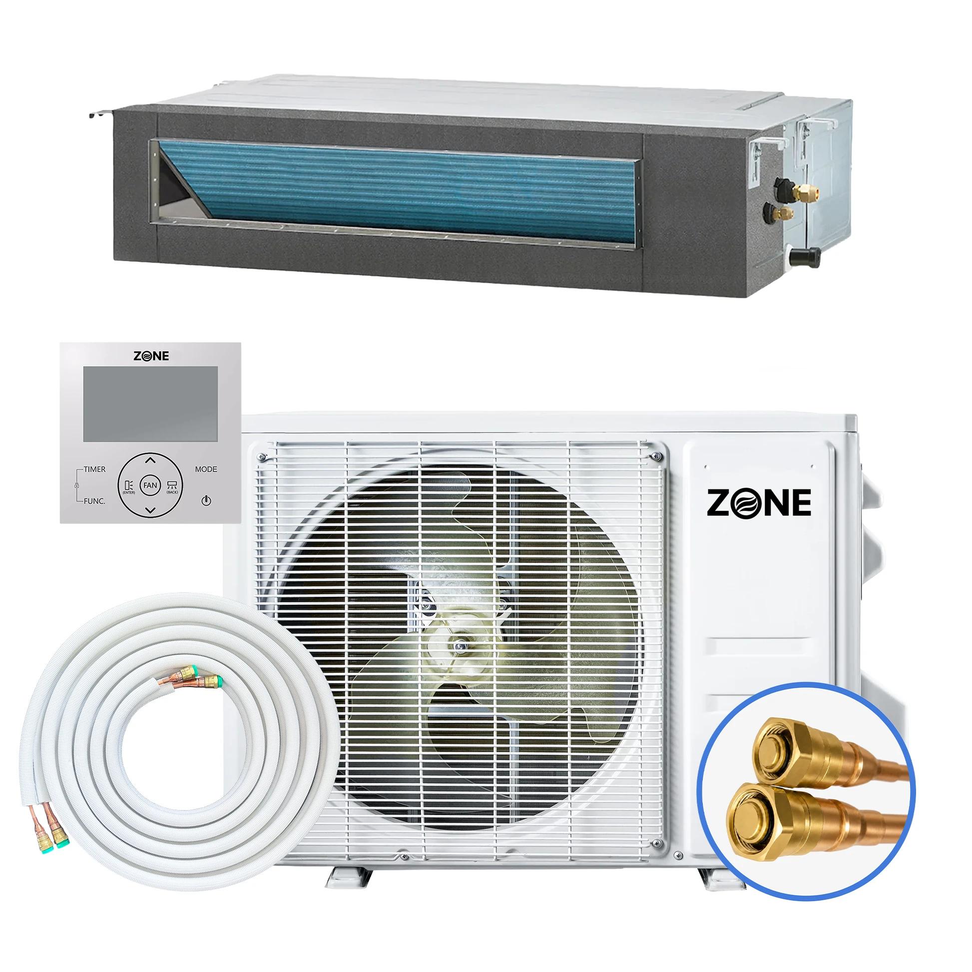 11,000 BTU 230V DIY mini split — concealed ducted ductless heat pump with 19 SEER2, Up to 550 sq ft coverage, pre-charged lineset, shown ceiling-concealed