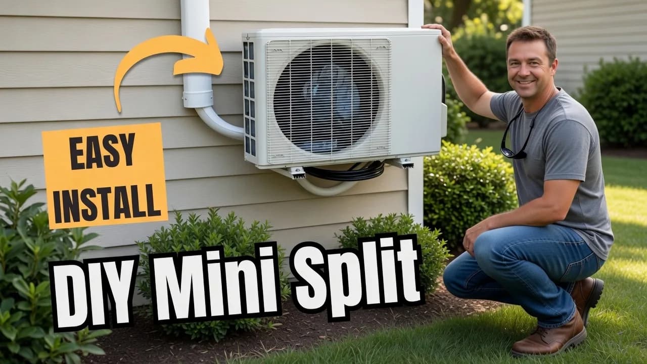 DIY mini split kit — a homeowner easily installing the outdoor condenser of a Zone Air DIY mini split kit himself, no HVAC contractor