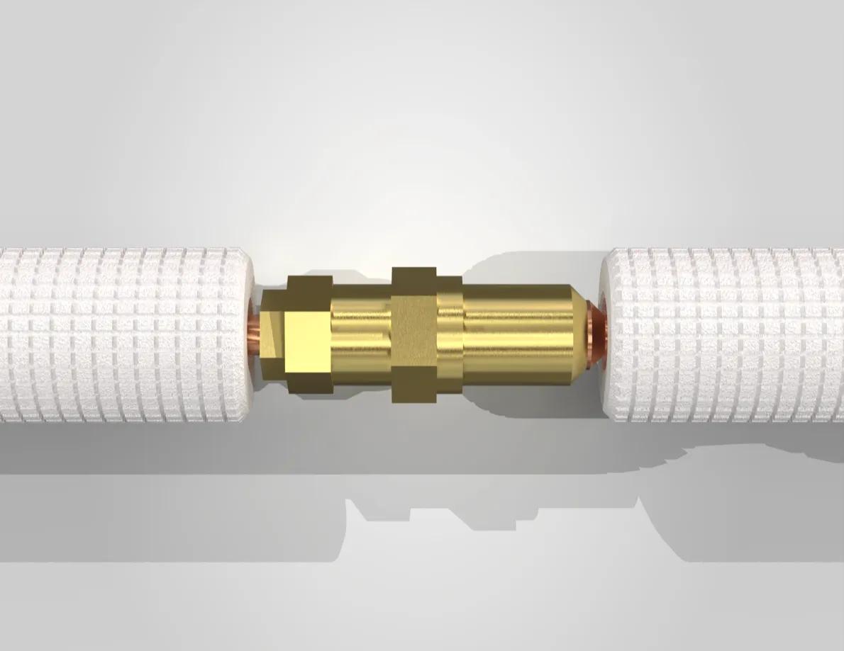 Mini split with pre-charged line-set — Zone Air quick-connect refrigerant line set coupled between the indoor air handler and outdoor condenser for a no-vacuum DIY install