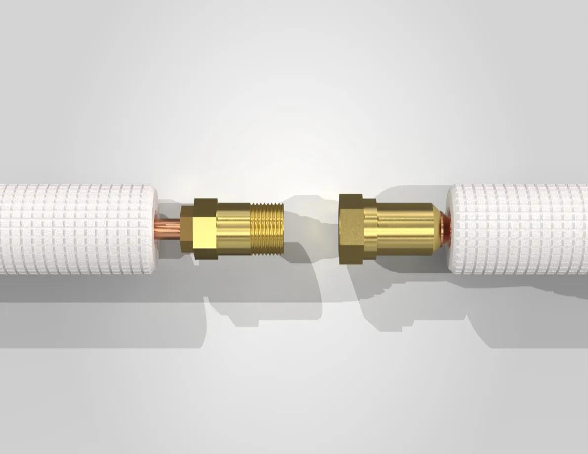 Mini split with pre-charged line-set — exploded view of the Zone Air pre-charged refrigerant line set and quick-connect fittings included for DIY install