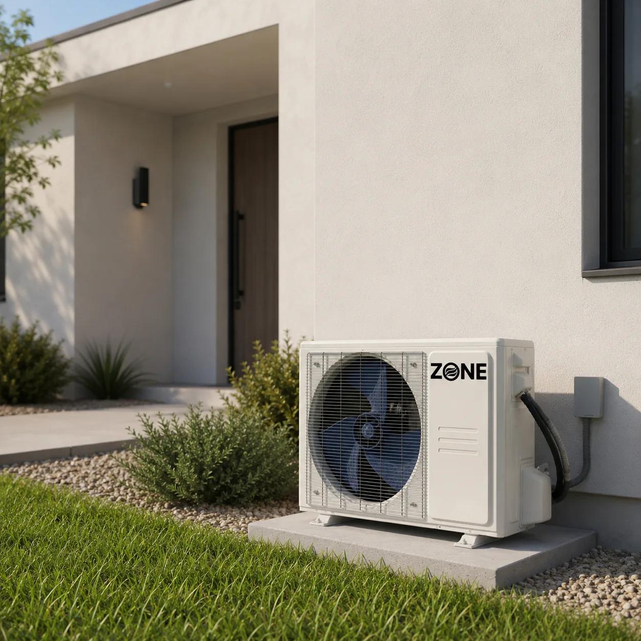Most reliable DIY mini split system — Zone Air pre-charged outdoor condenser with dedicated disconnect installed beside a home entryway