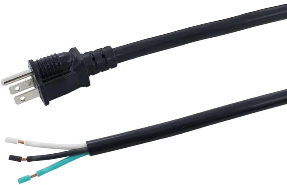 3-prong 115V power cord pigtail for mini splits — 6 ft 12 AWG cord with a NEMA 5-15P plug on one end and a stripped 3-wire terminal end on the other