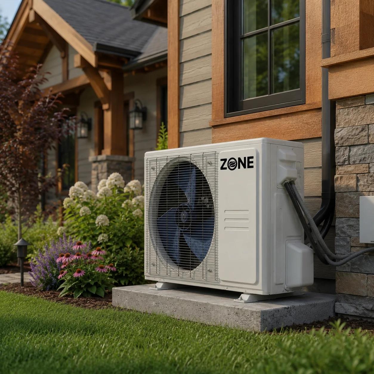 Reliable DIY mini split brands — Zone Air outdoor condenser installed on a pad beside a craftsman home