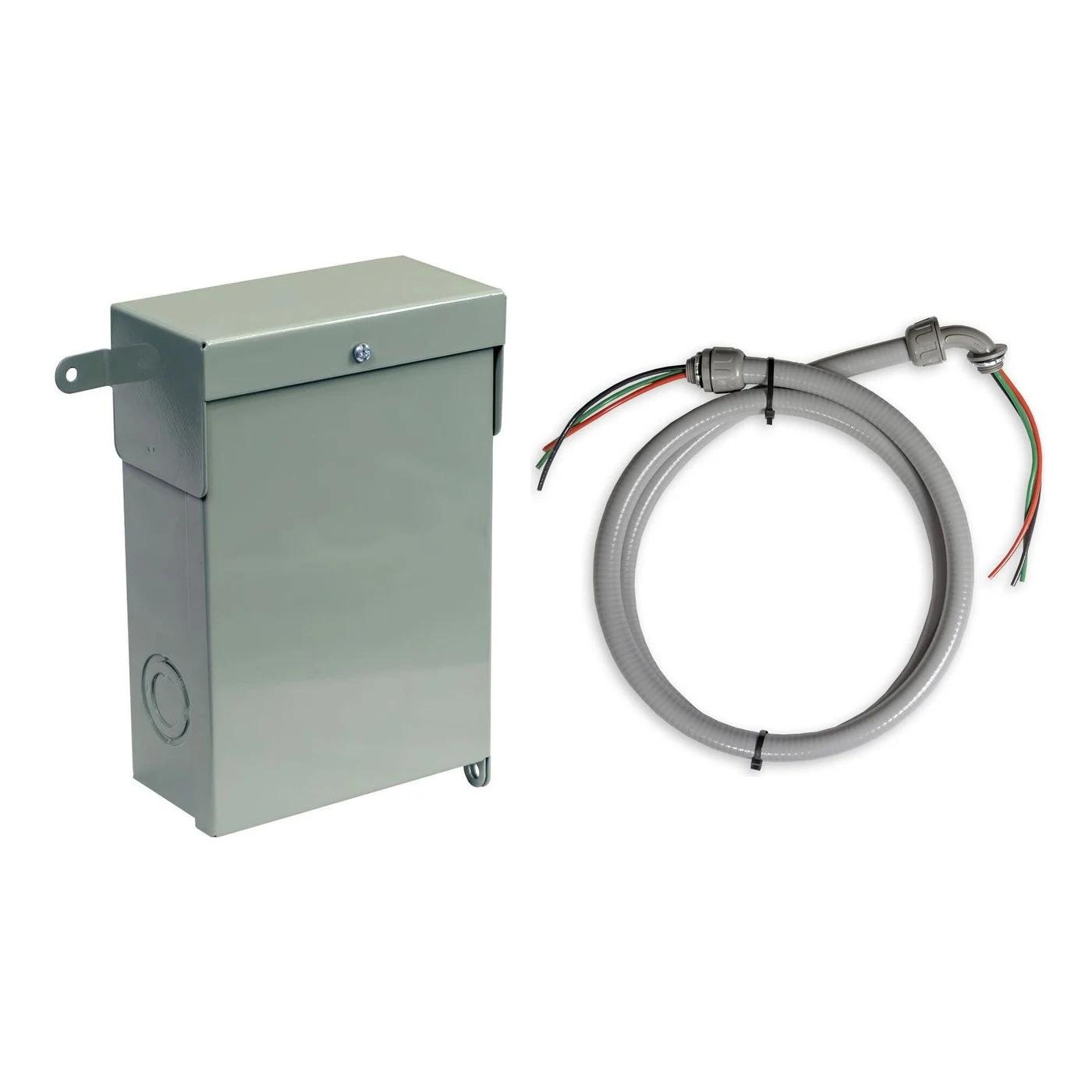 Mini split disconnect and whip kit — 30A non-fused NEMA 3R disconnect box with a 6 ft liquid-tight electrical whip with 10 AWG wires and conduit fittings