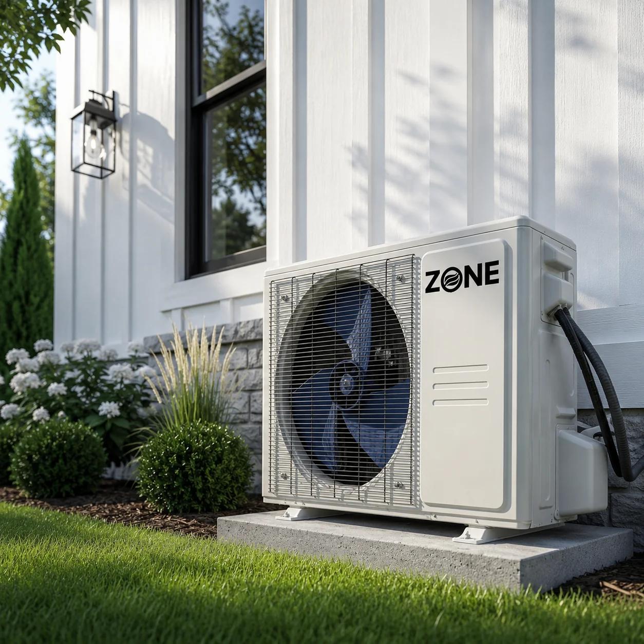 Zone Air DIY mini split outdoor condenser installed on a pad beside a home — cold-climate heat pump rated to -13°F