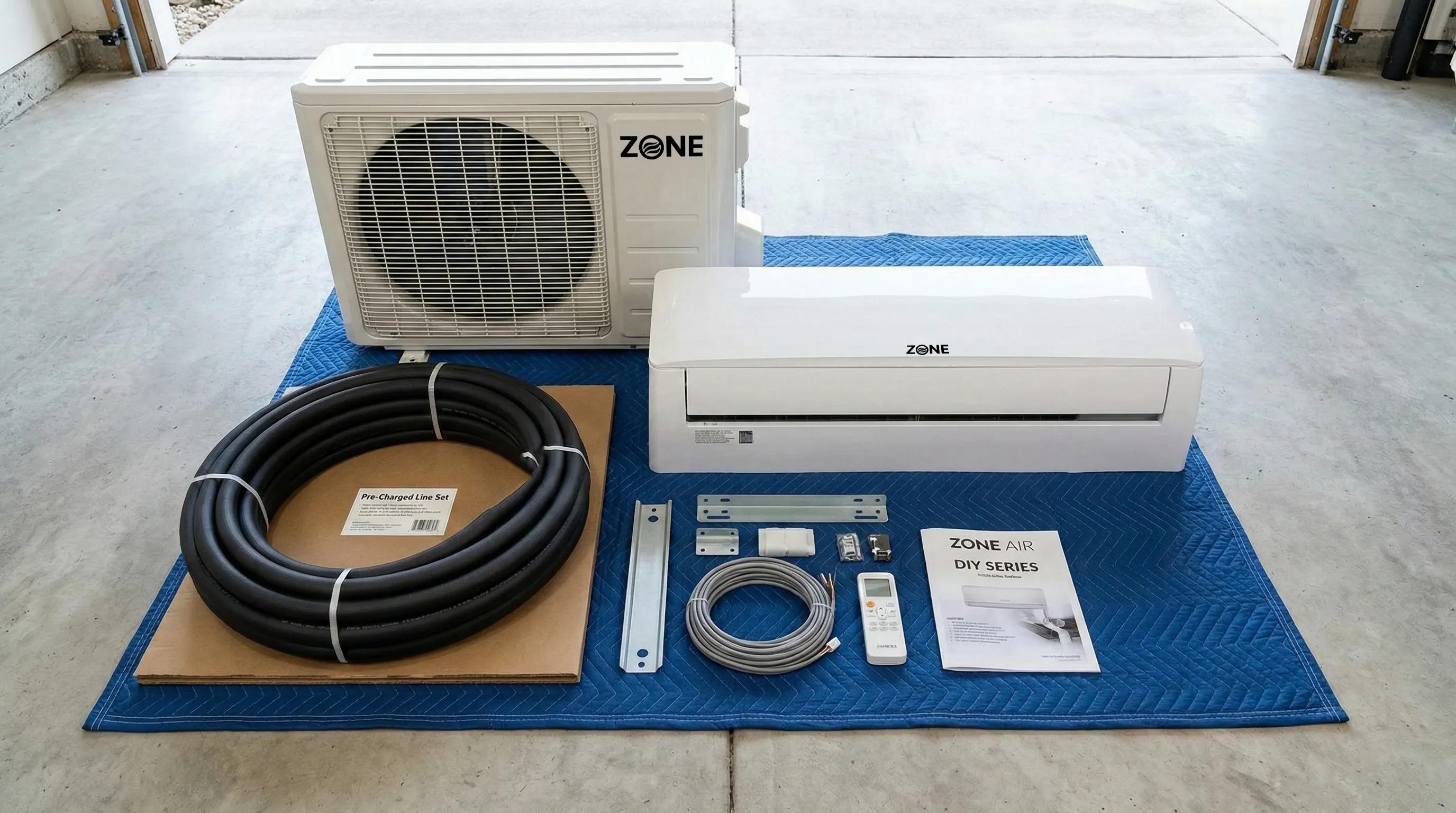 DIY pre-charged mini split kit laid out in a garage — Zone Air outdoor condenser, wall-mount indoor unit, factory-sealed pre-charged line set, control cable, remote, and mounting hardware