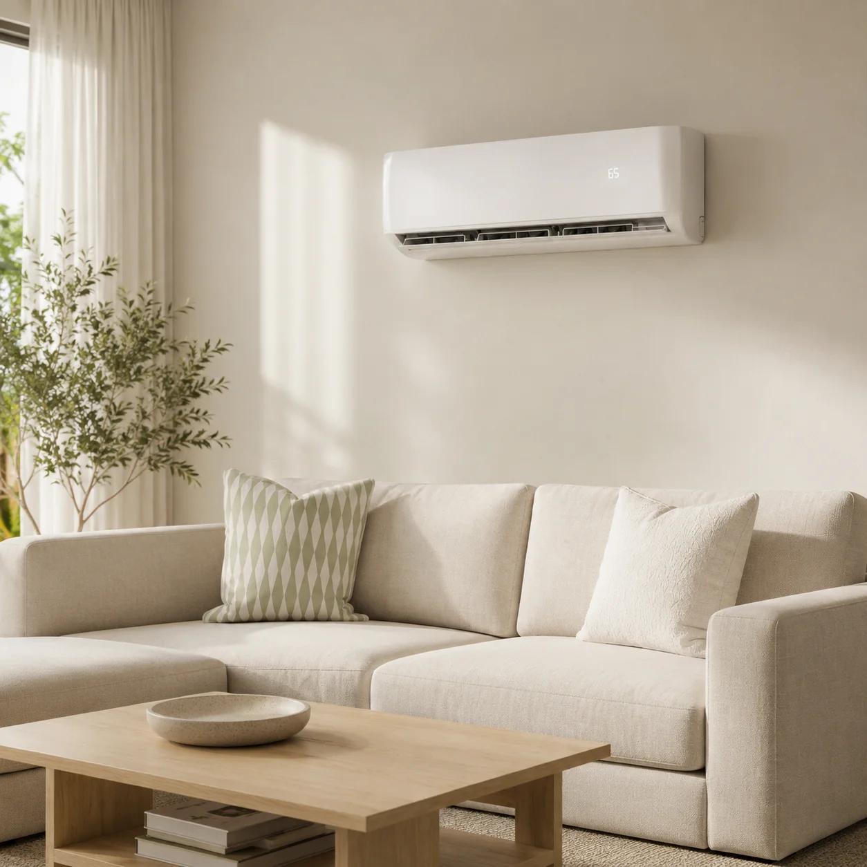 Disadvantages of mini split systems — a visible white wall-mounted ductless indoor unit above a living room sofa