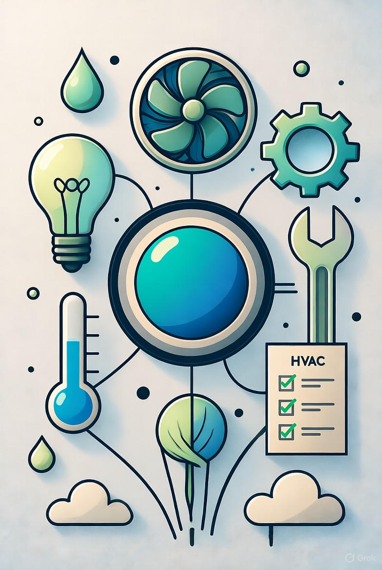HVAC maintenance checklist with icons showing all essential tasks and timing