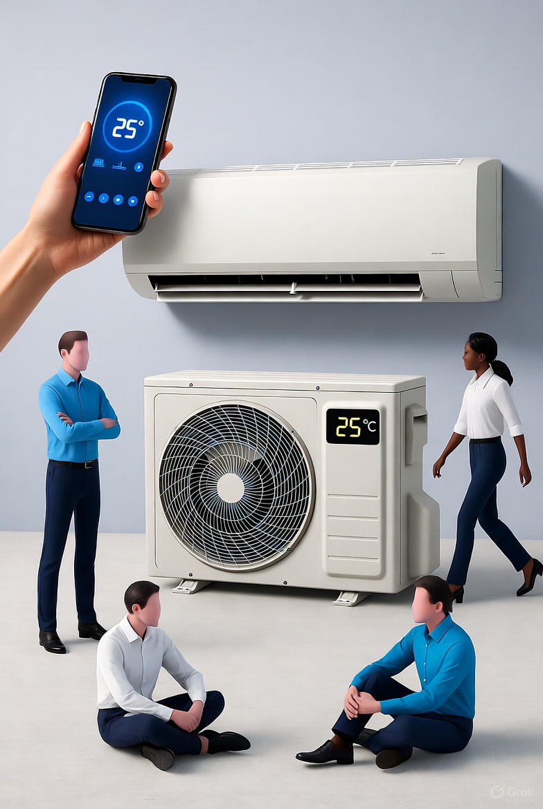 Smart mini-split app family control showing multi-user temperature management from smartphones