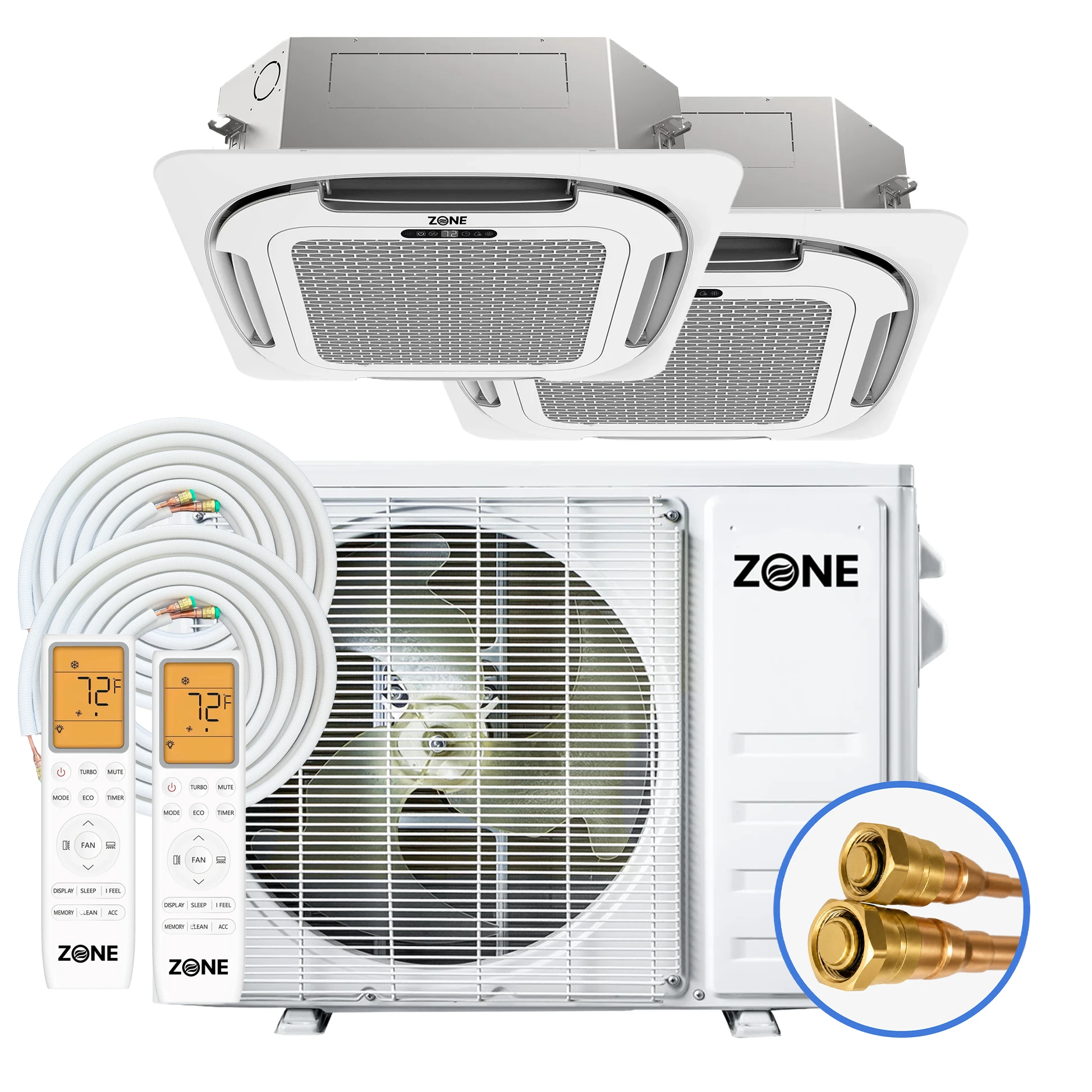 Dual zone ceiling cassette mini split system — Zone Air 27K multi-zone outdoor condenser with two 12K recessed ceiling cassette indoor units, and two remotes