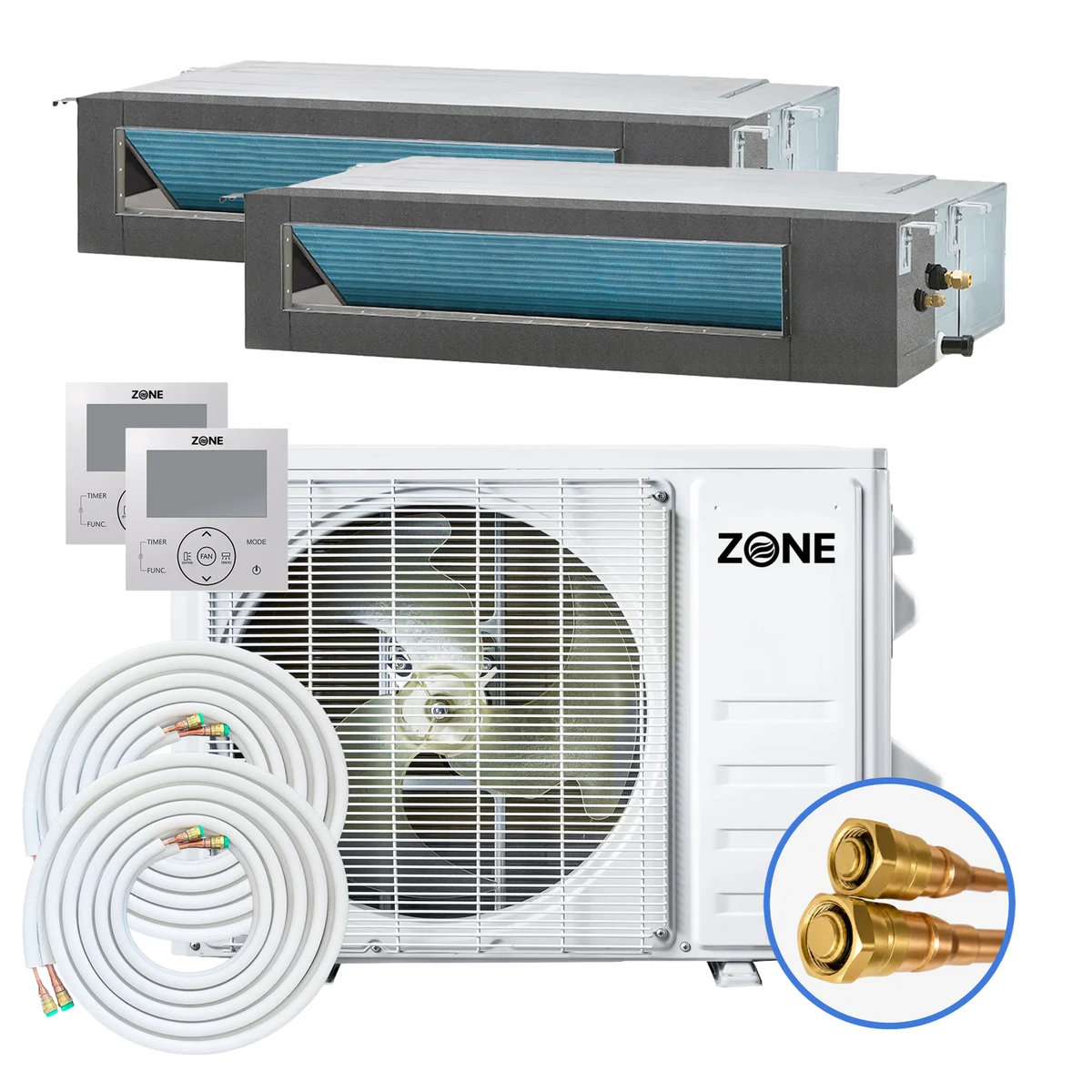 Dual zone concealed ducted mini split system — Zone Air 27K multi-zone outdoor condenser with two 11K hidden ducted indoor units, and two wired controllers