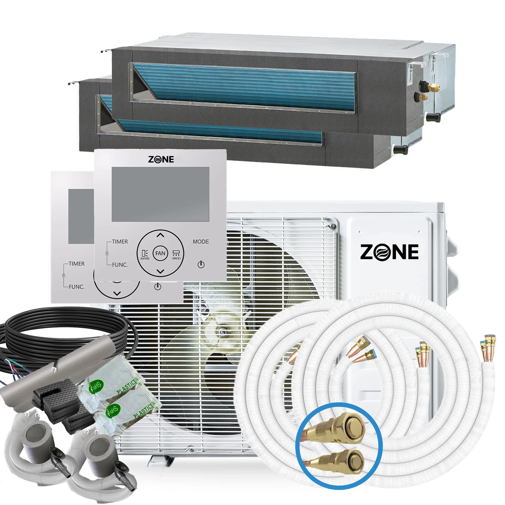 Zone Air® Thin-Air DUAL ZONE 22,000 BTU (11K+11K) 19 SEER2 230V Concealed Mini-Split Heat Pump System - Up to 1,100 Sq Ft