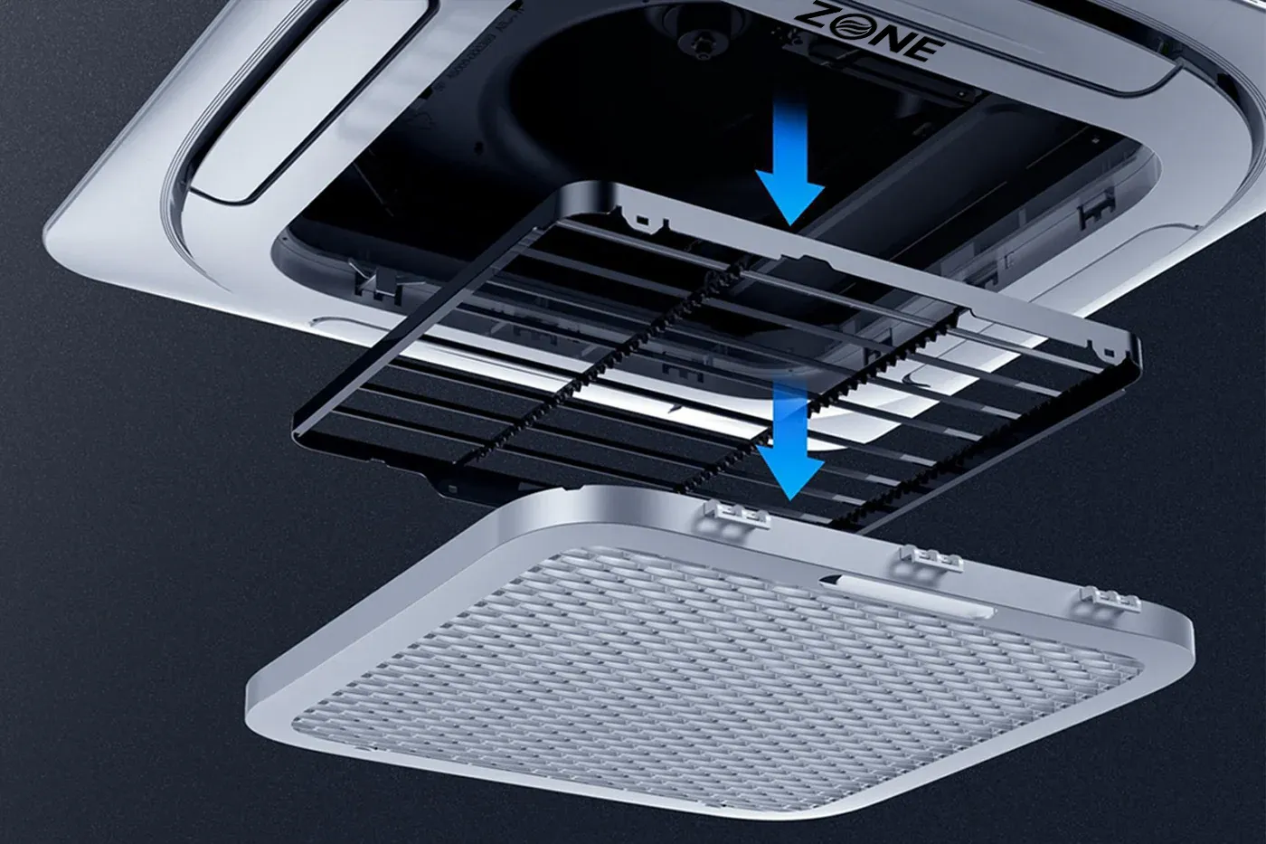Ceiling cassette mini split indoor unit with easy-access filter