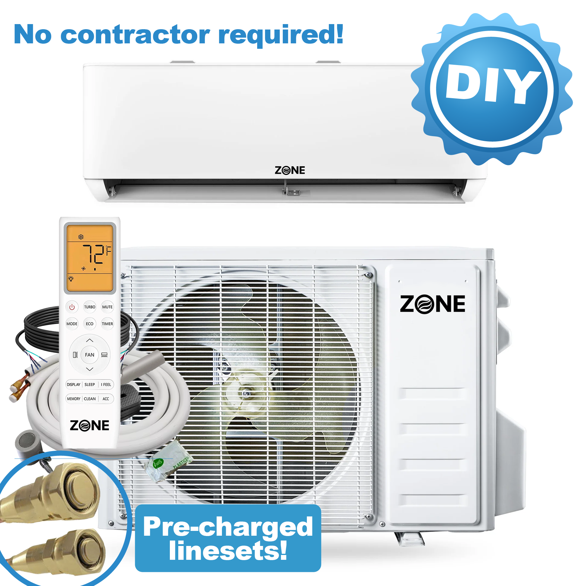 Zone Air® DIY 12,000 BTU 24 SEER2 230V Wall Mount Ductless Mini-Split Heat Pump AC & Heater with Pre-Charged Lineset - Up to 500 Sq Ft